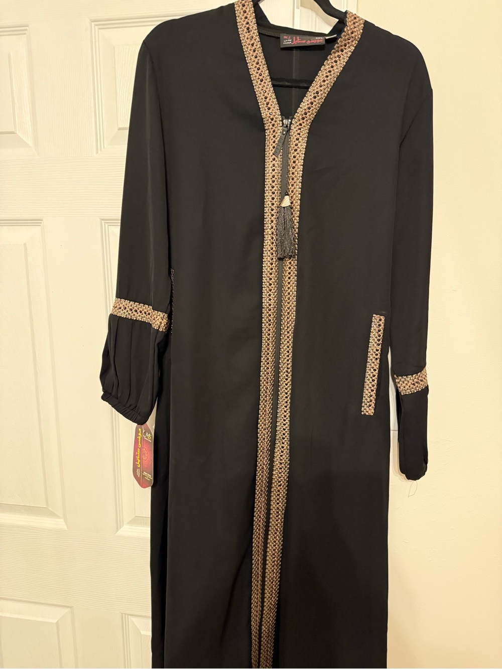 Zippered Black Embroidered Abaya Dress with Pockets, new with tags